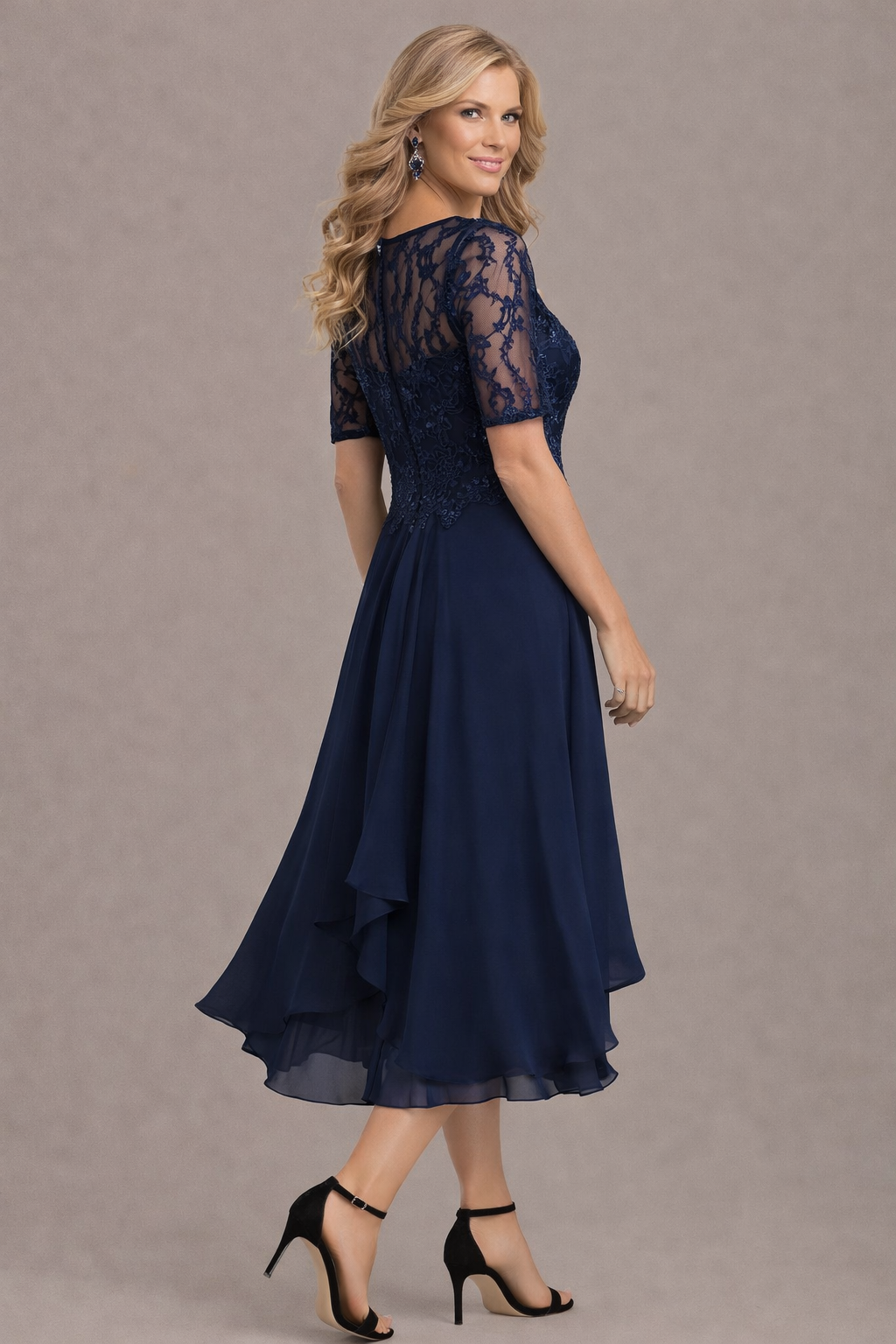 Round Neck Lace Sequin Illusion Sleeve Chiffon A-Line Midi Dress