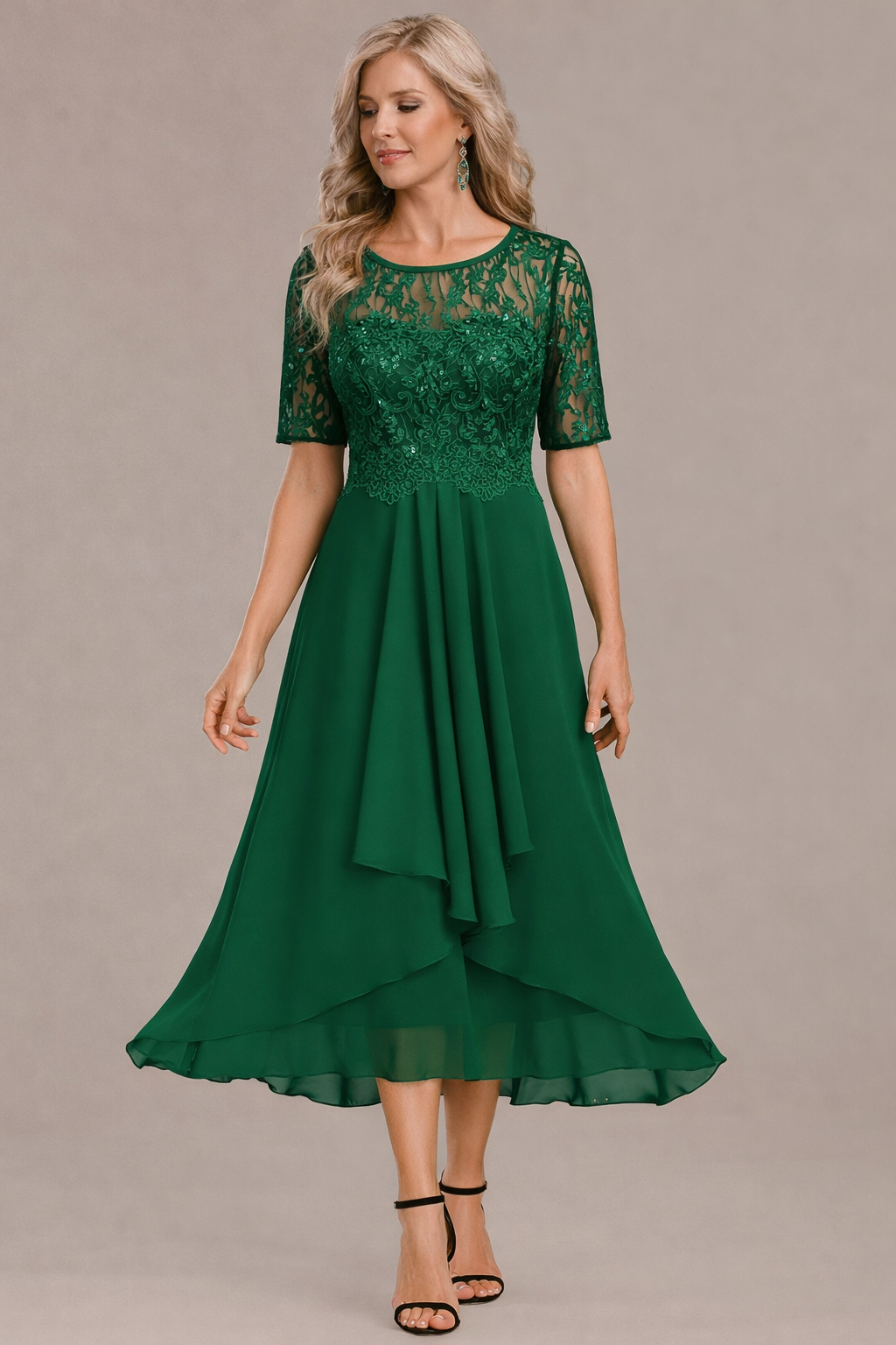 Round Neck Lace Sequin Illusion Sleeve Chiffon A-Line Midi Dress