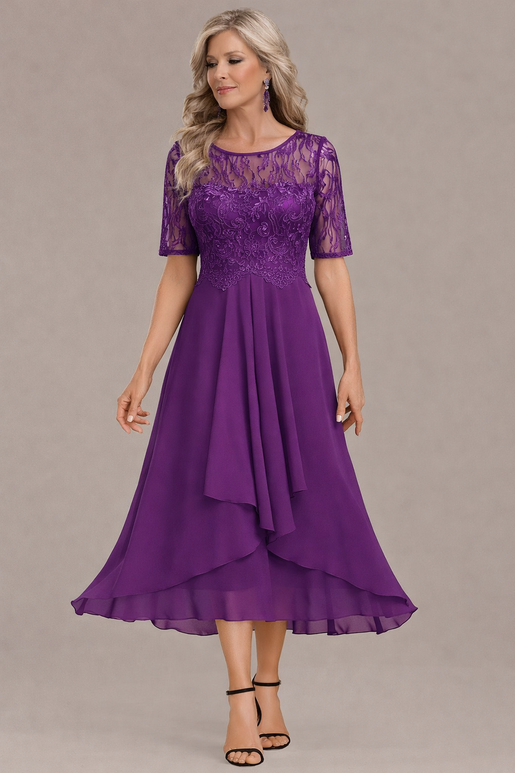 Round Neck Lace Sequin Illusion Sleeve Chiffon A-Line Midi Dress