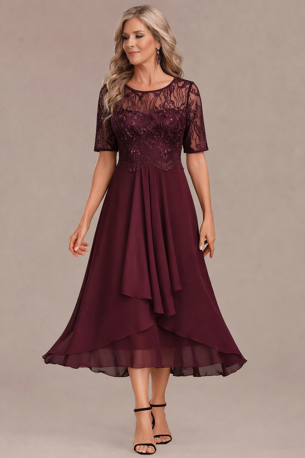 Round Neck Lace Sequin Illusion Sleeve Chiffon A-Line Midi Dress