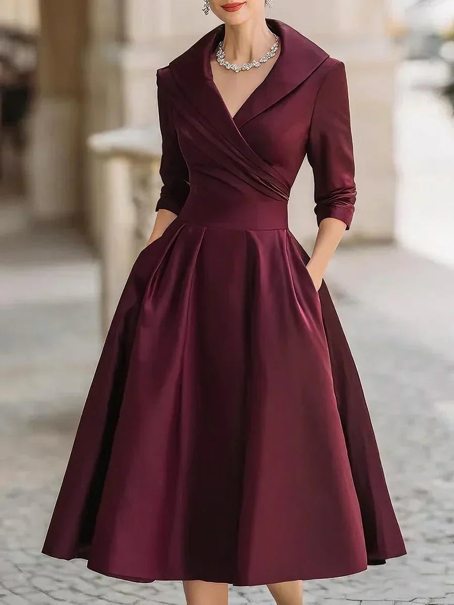 Shawl Collar Wrap Ruched Waist Satin A-Line Midi Dress 4