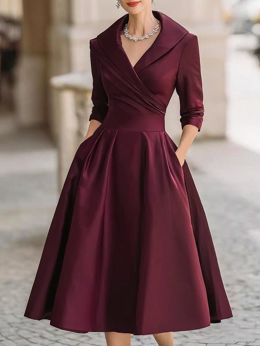 Shawl Collar Surplice Satin Pleated A-Line Midi Dress 3