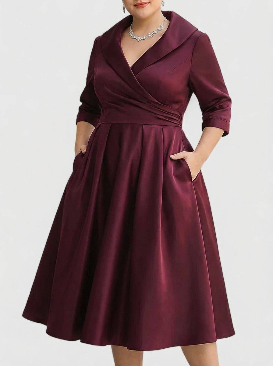 Shawl Collar Wrap Half Sleeve Satin Pleated A-Line Midi Dress 7