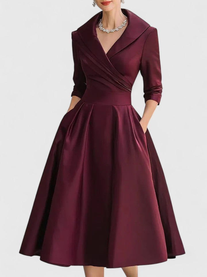 Shawl Collar Wrap Ruched Satin Long Sleeve A-Line Midi Dress