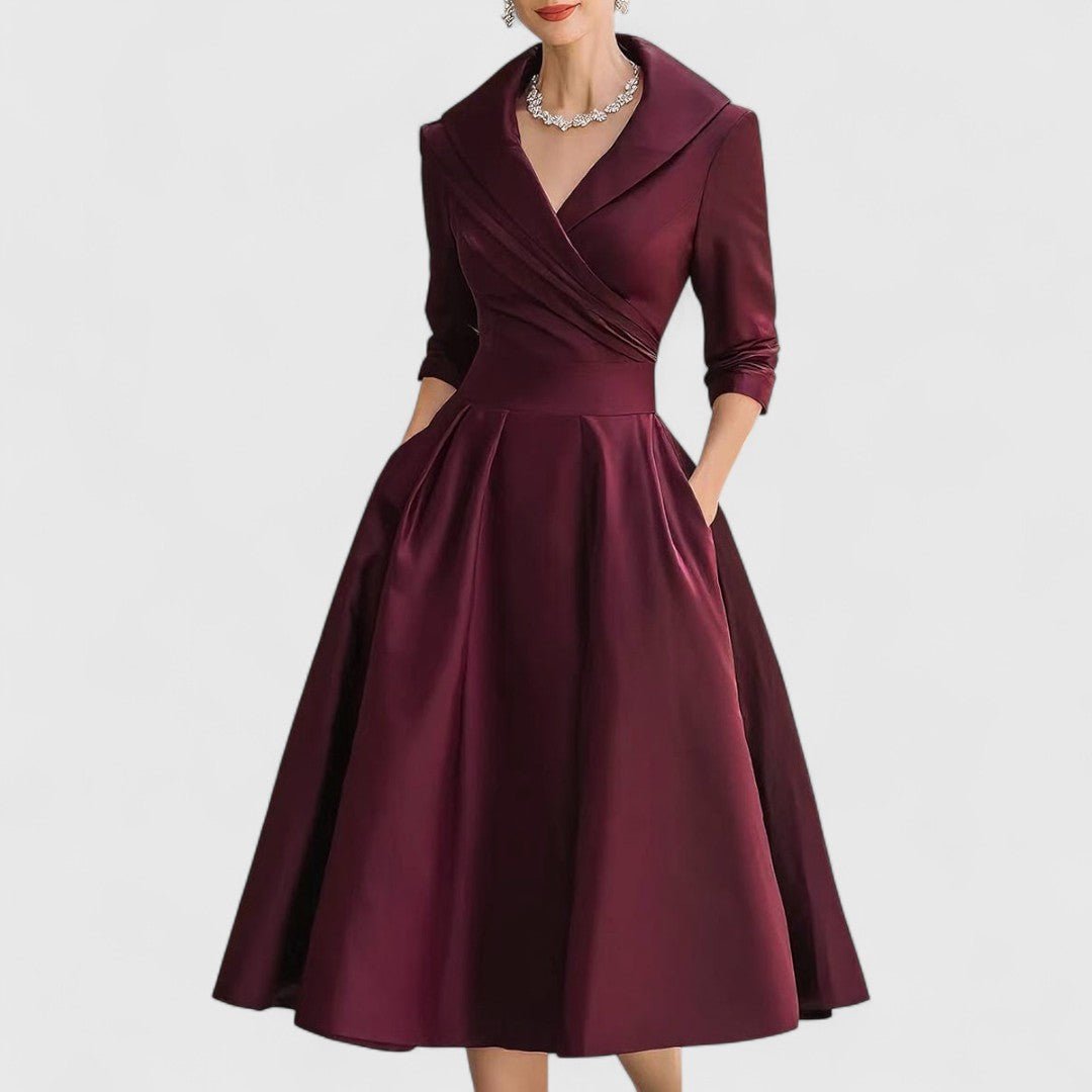 Shawl Collar Surplice V-Neck Satin Pleated A-Line Midi Dress