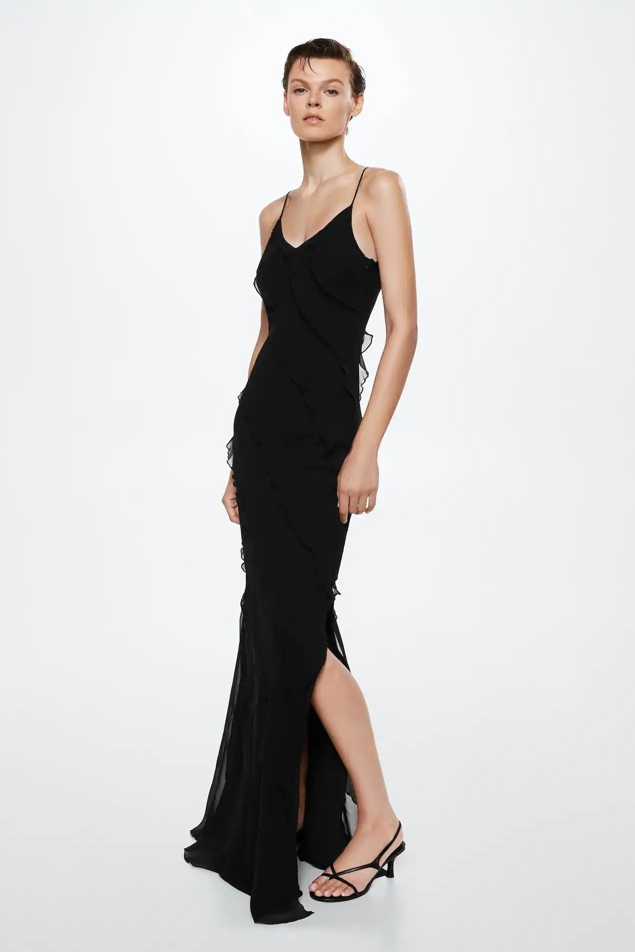 Sexy Backless Slit Fitted Spaghetti Strap Chiffon Ruffled Party Dress