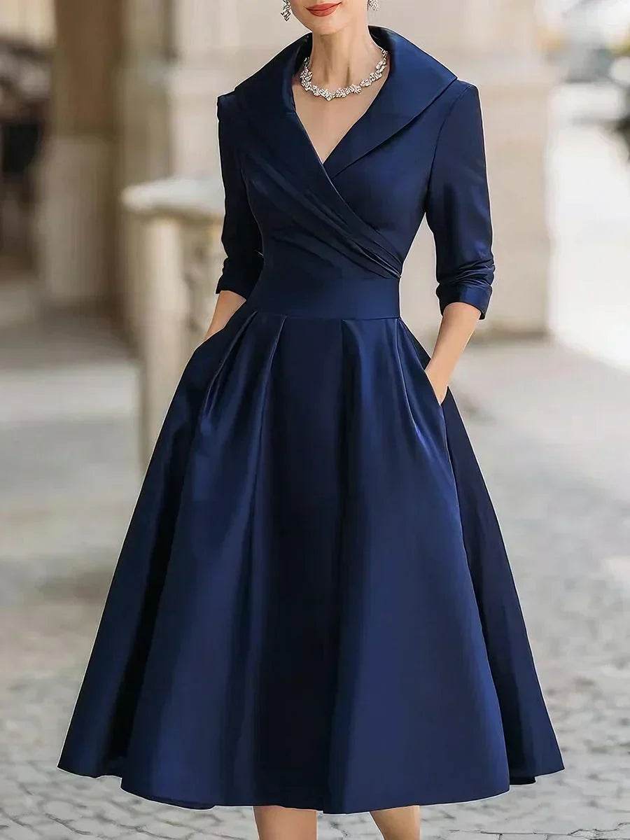 Shawl Collar Wrap Ruched Waist Satin A-Line Midi Dress