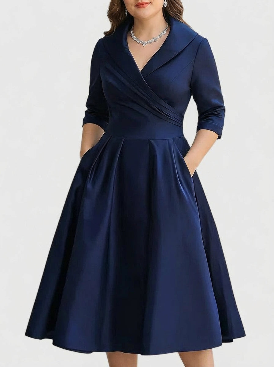 Shawl Collar Wrap Half Sleeve Satin Pleated A-Line Midi Dress