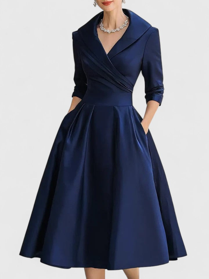 Shawl Collar Wrap Ruched Satin Long Sleeve A-Line Midi Dress