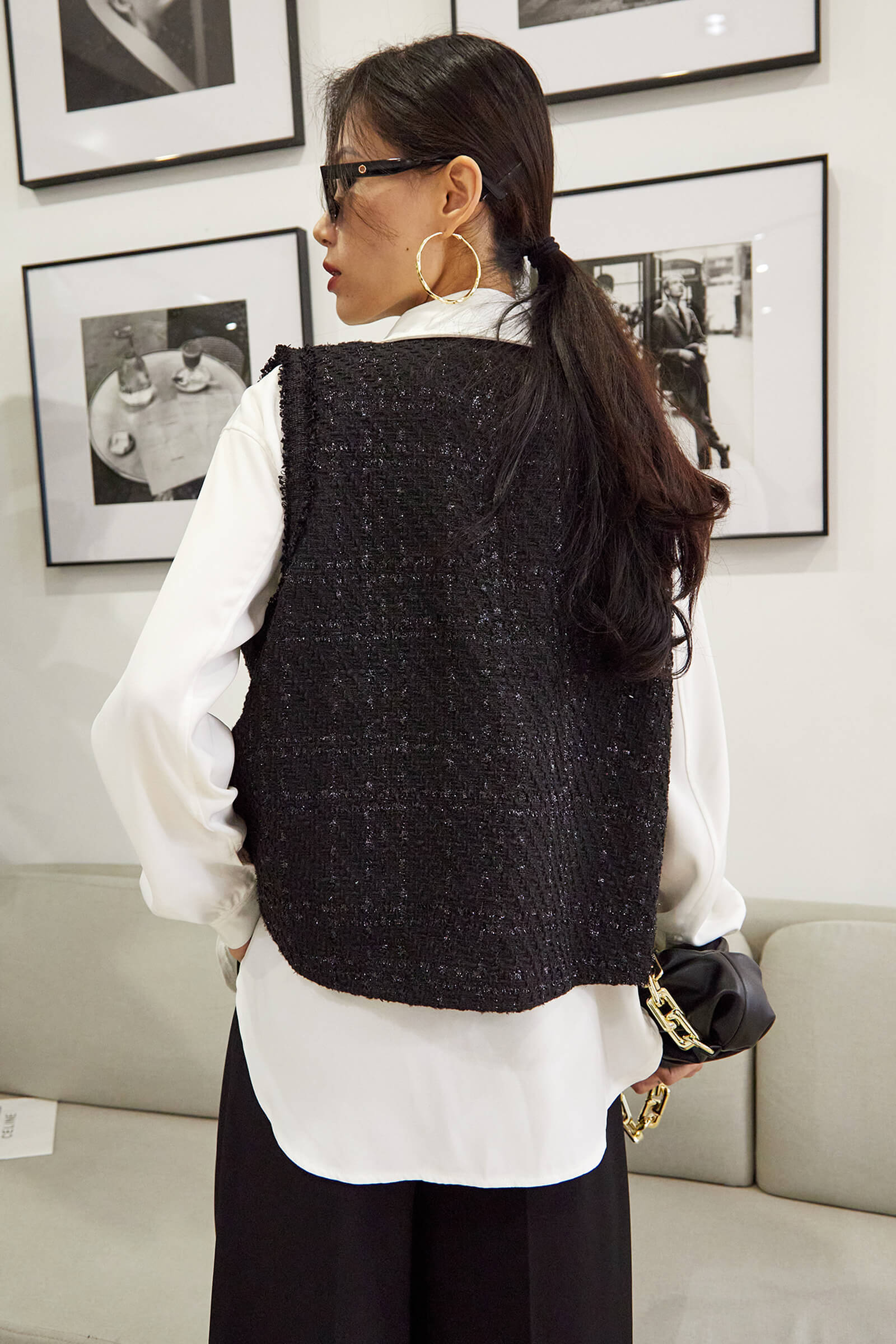 Black Crew Neck Frayed Trim Button-Up Tweed Vest