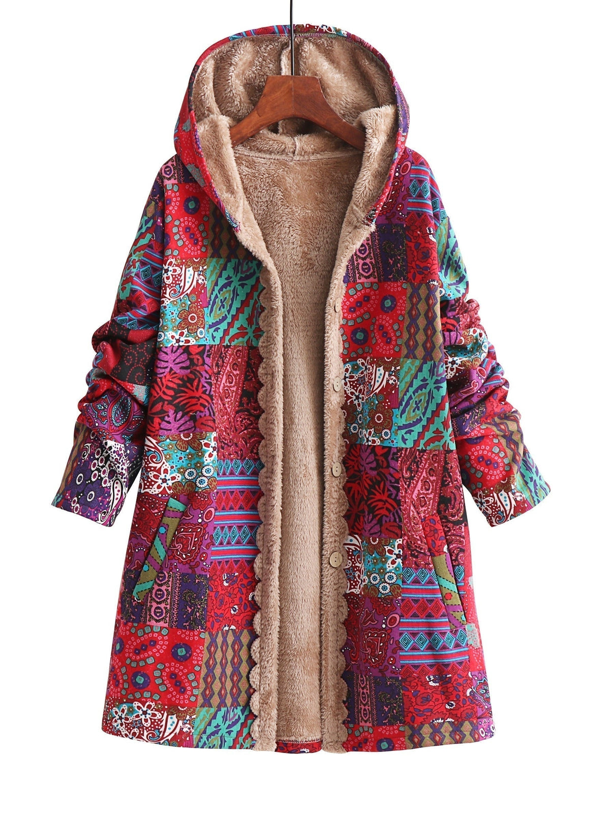 Hooded Ethnic Patchwork Print Fleece-Lined Button Front Longline Coat