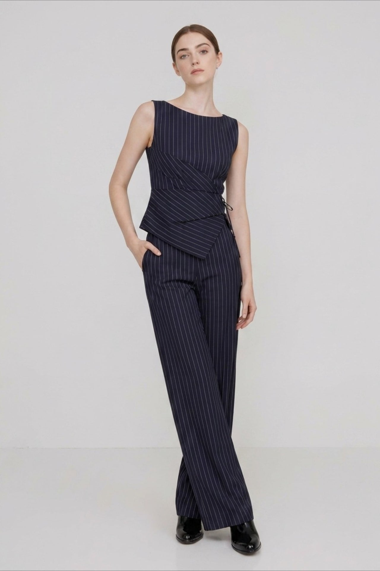 Stripe Asymmetric Sleeveless Top Straight Work Set