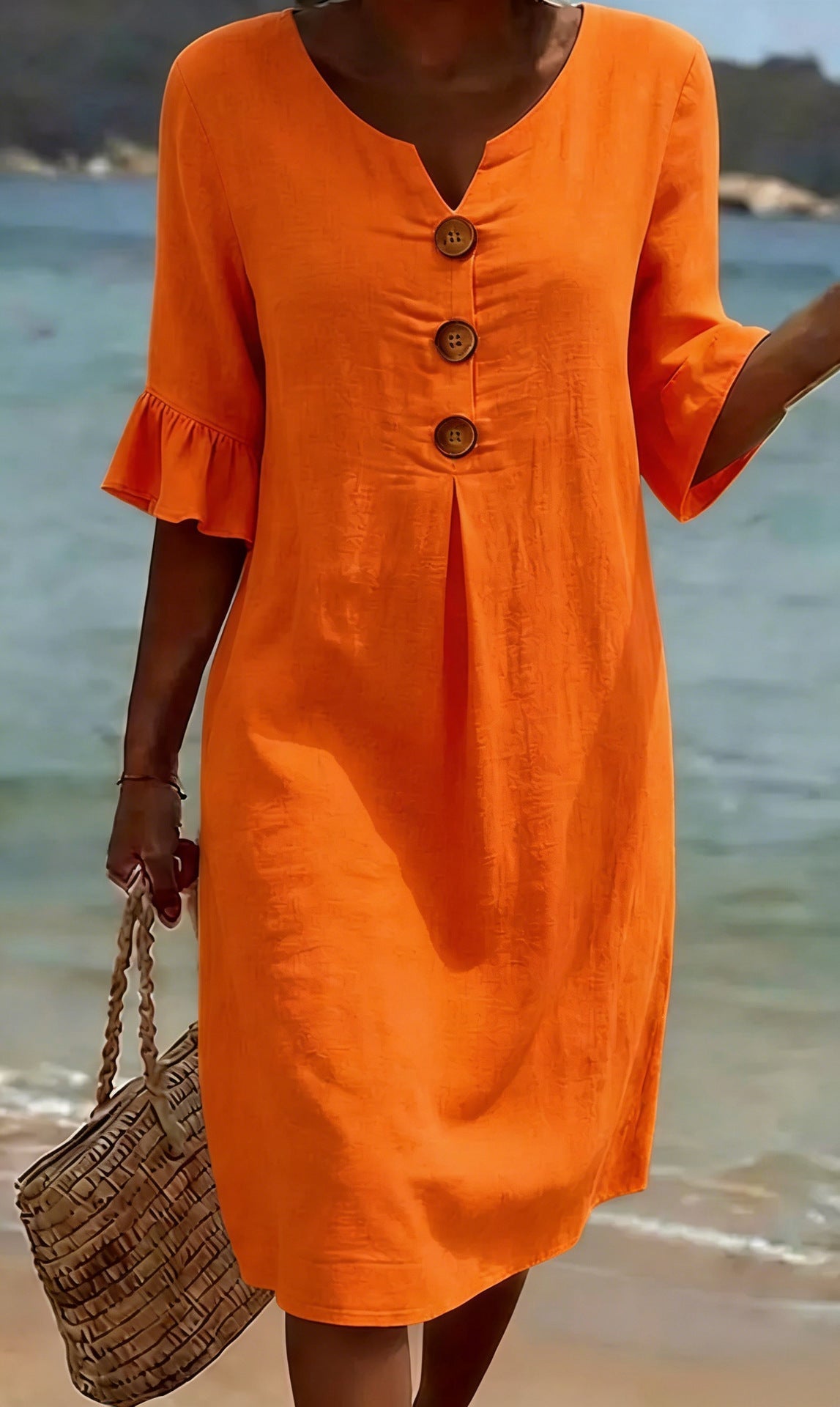 Orange Split Neck Wooden Button Bell Sleeve Pleated Shift Midi Dress