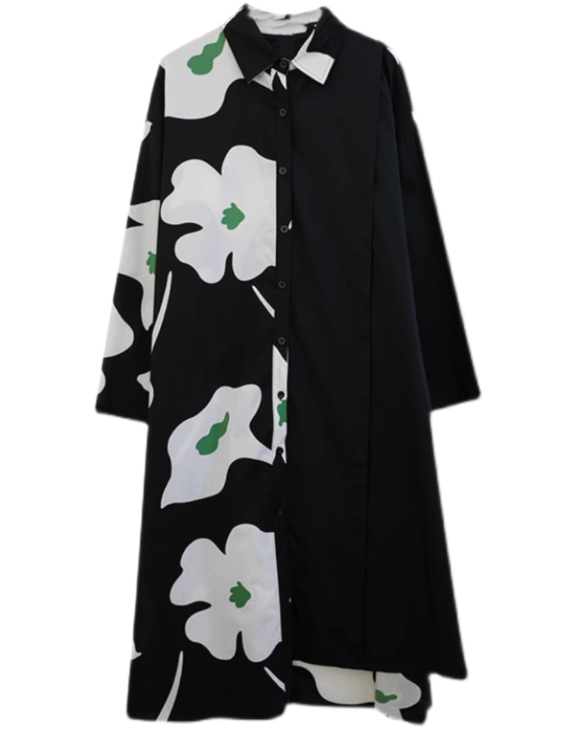 Collared Button Front Floral Print Long Sleeve Shirt Midi Dress
