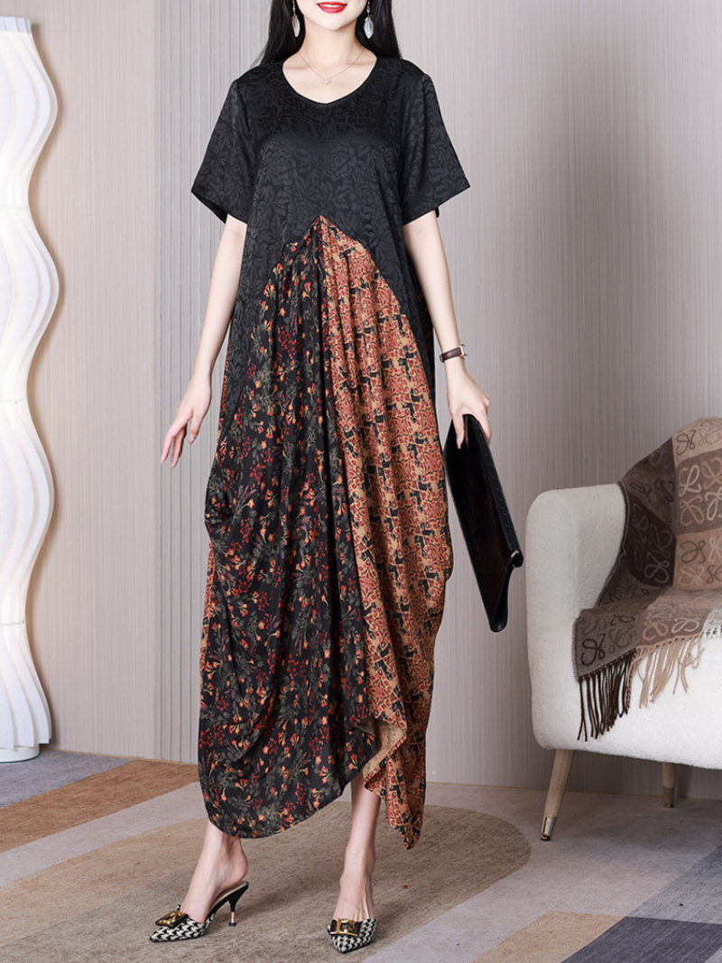 Black V-Neck Floral Patchwork Short Sleeve Asymmetric A-Line Midi Dress 3