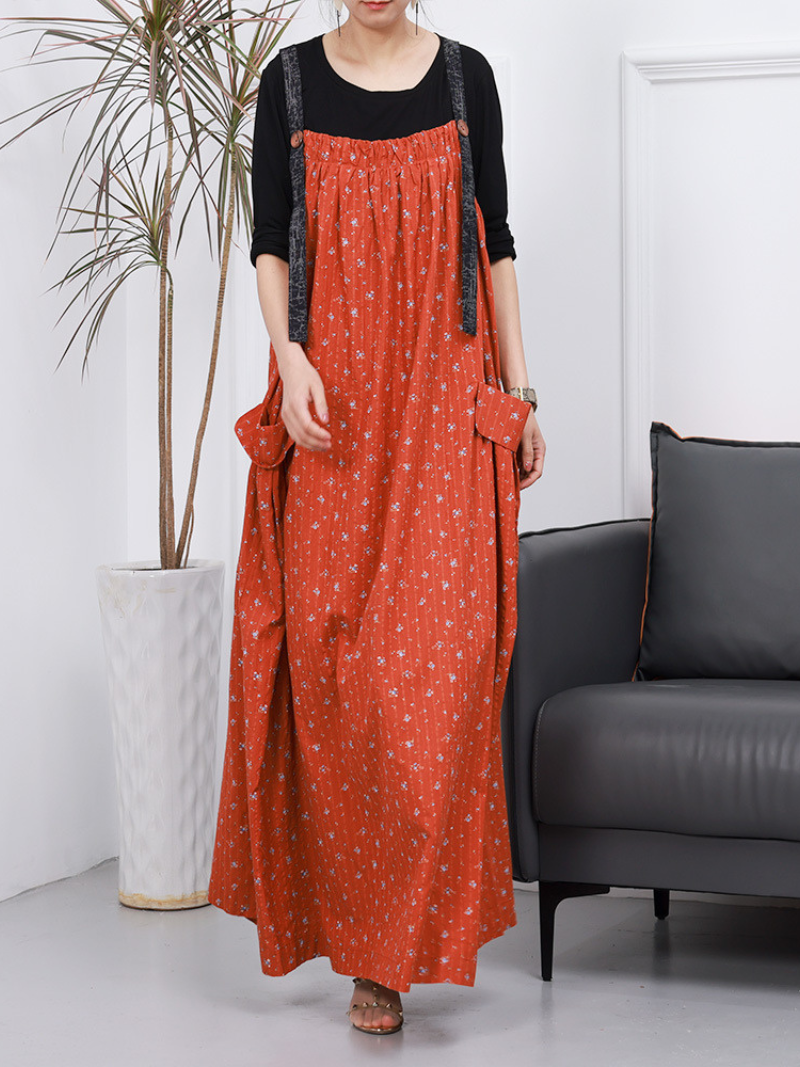 Orange Strap Floral Print Side Pocket Pinafore Maxi Dress