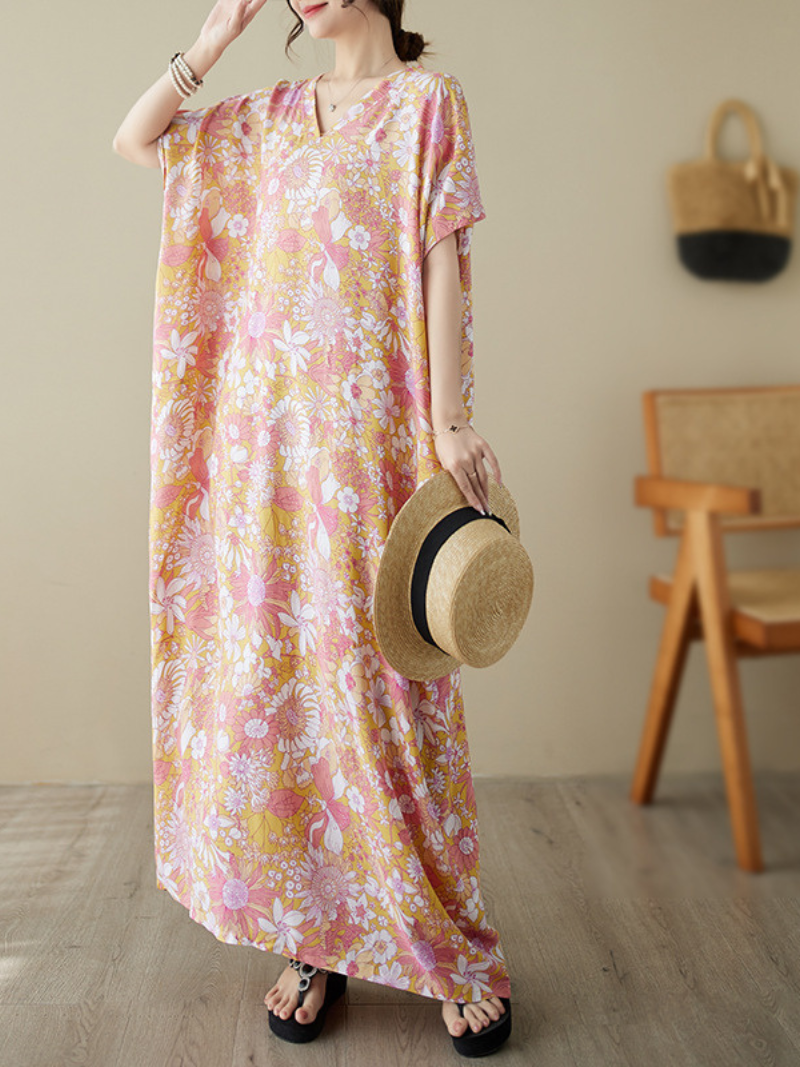 Pink V-Neck Floral Print Short Sleeve Loose Maxi Dress 3