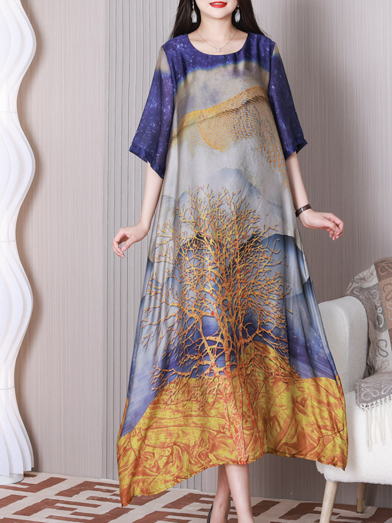 Round Neck Tree Print Half Sleeve Loose Silk Maxi Dress