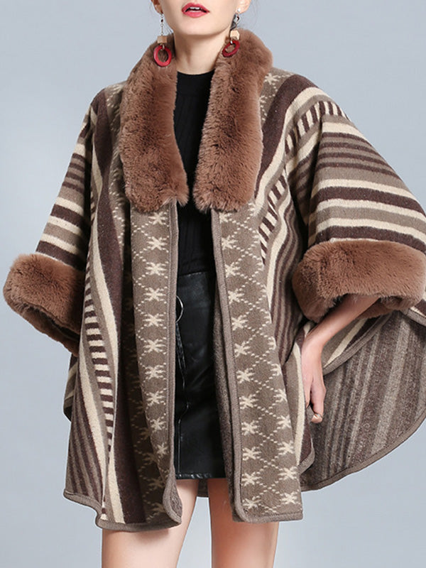 Faux Fur Collar Striped Aztec Print Cape Cardigan 17