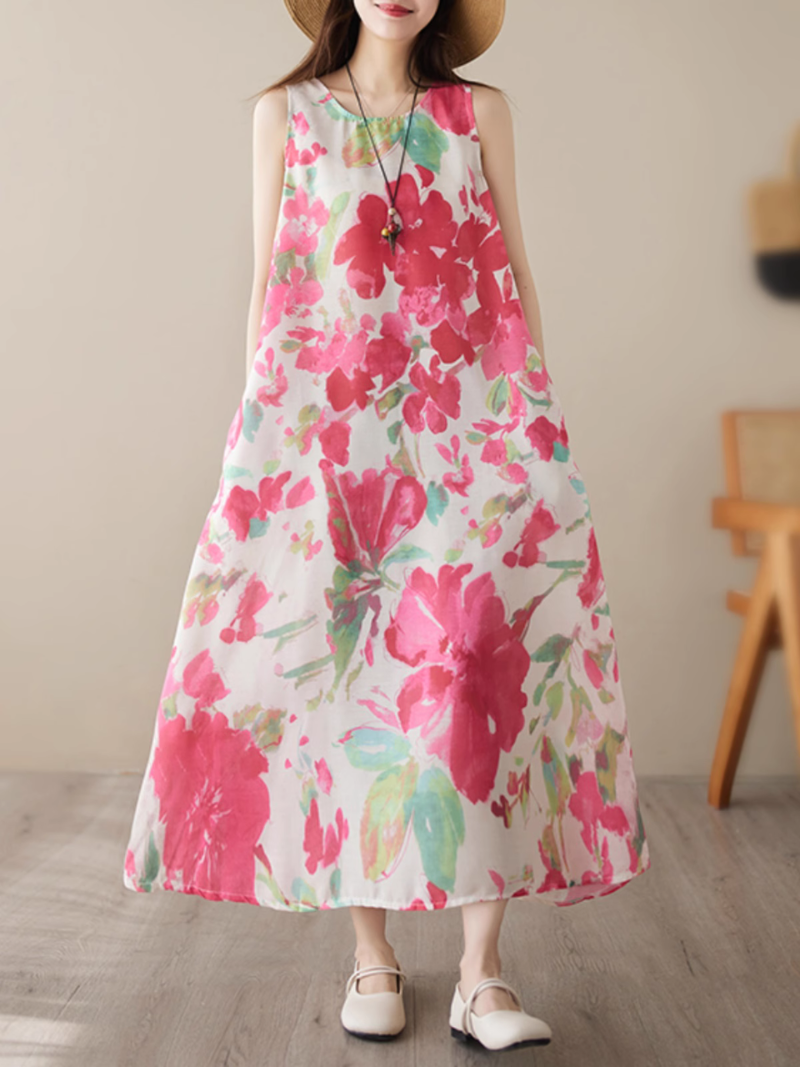 Round Neck Watercolor Floral Print Sleeveless A-Line Midi Dress 5
