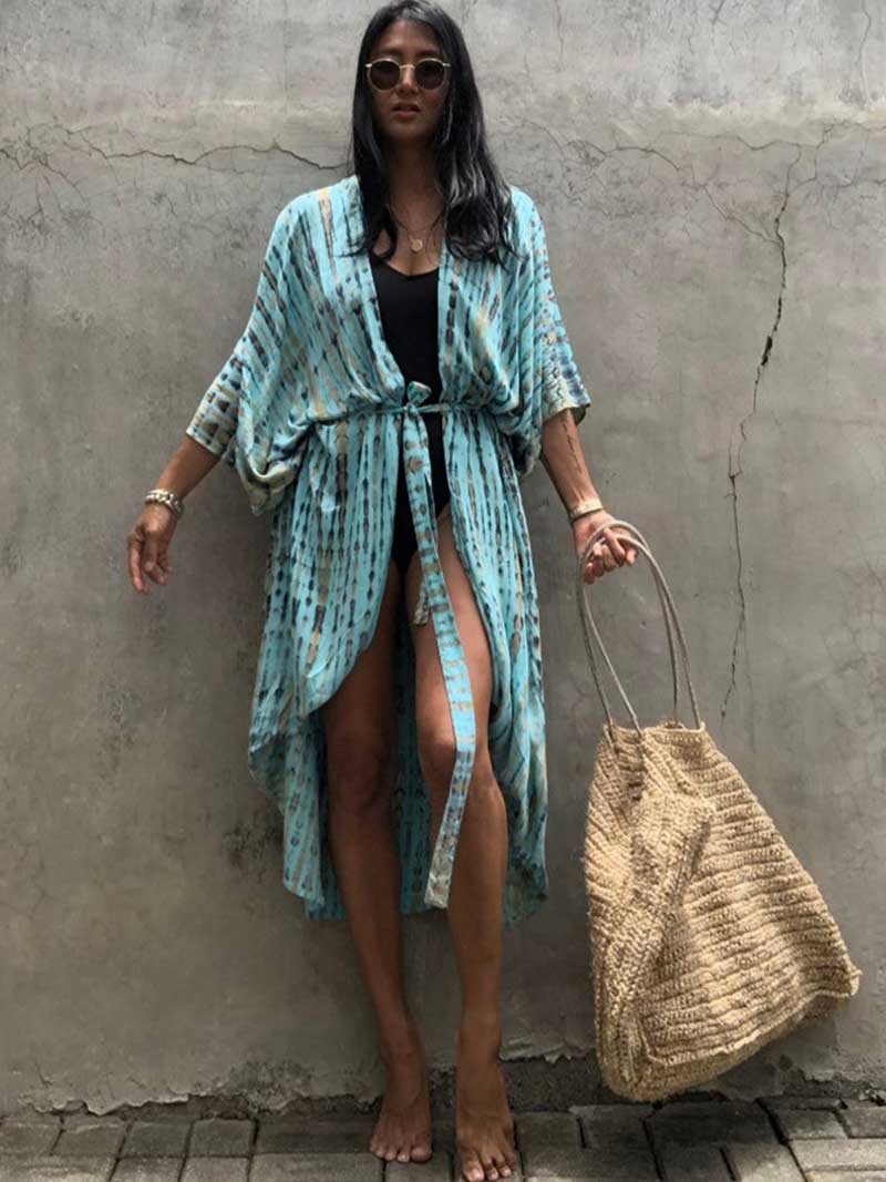 Tie-Dye Stripe Print Open Front Long Kimono Duster Robe 4