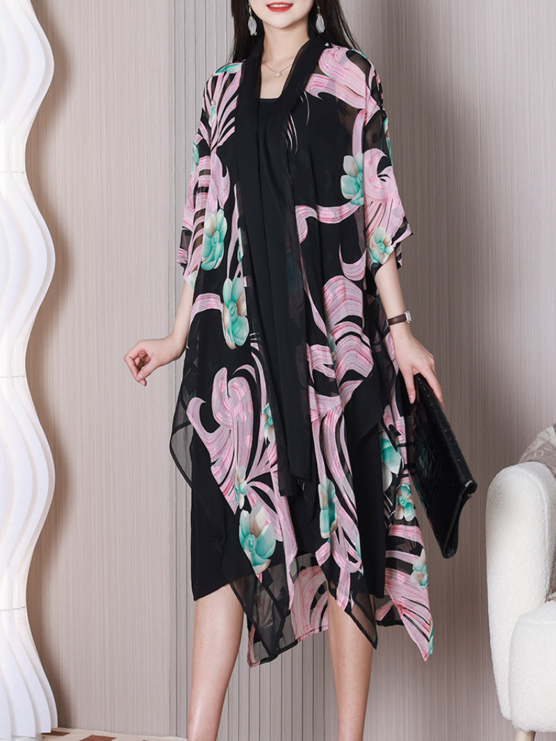Pink Scoop Neck Floral Chiffon Overlay A-Line Midi Dress