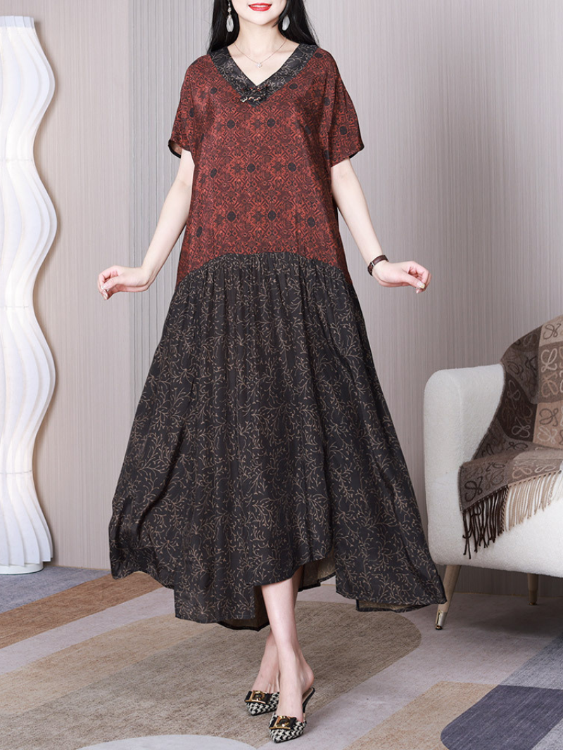 Red V-Neck Patchwork Floral Print Short Sleeve Pleated A-Line Maxi Dress