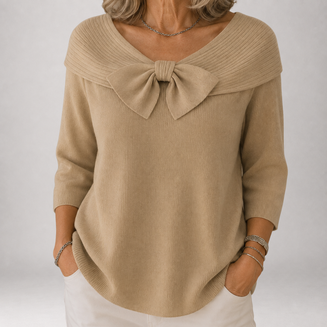 Sand Off-Shoulder Foldover Collar Bow Front Knit Sweater
