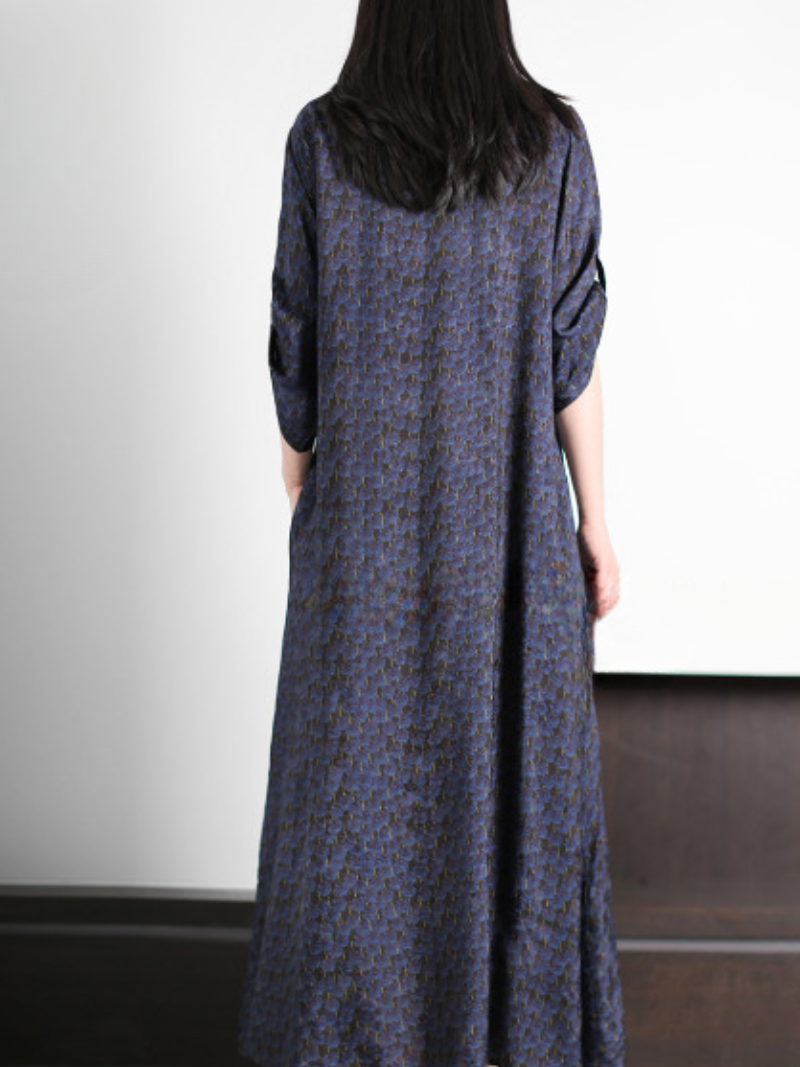 Blue Round Neck Floral Panel Tie Neck Loose Kaftan Maxi Dress
