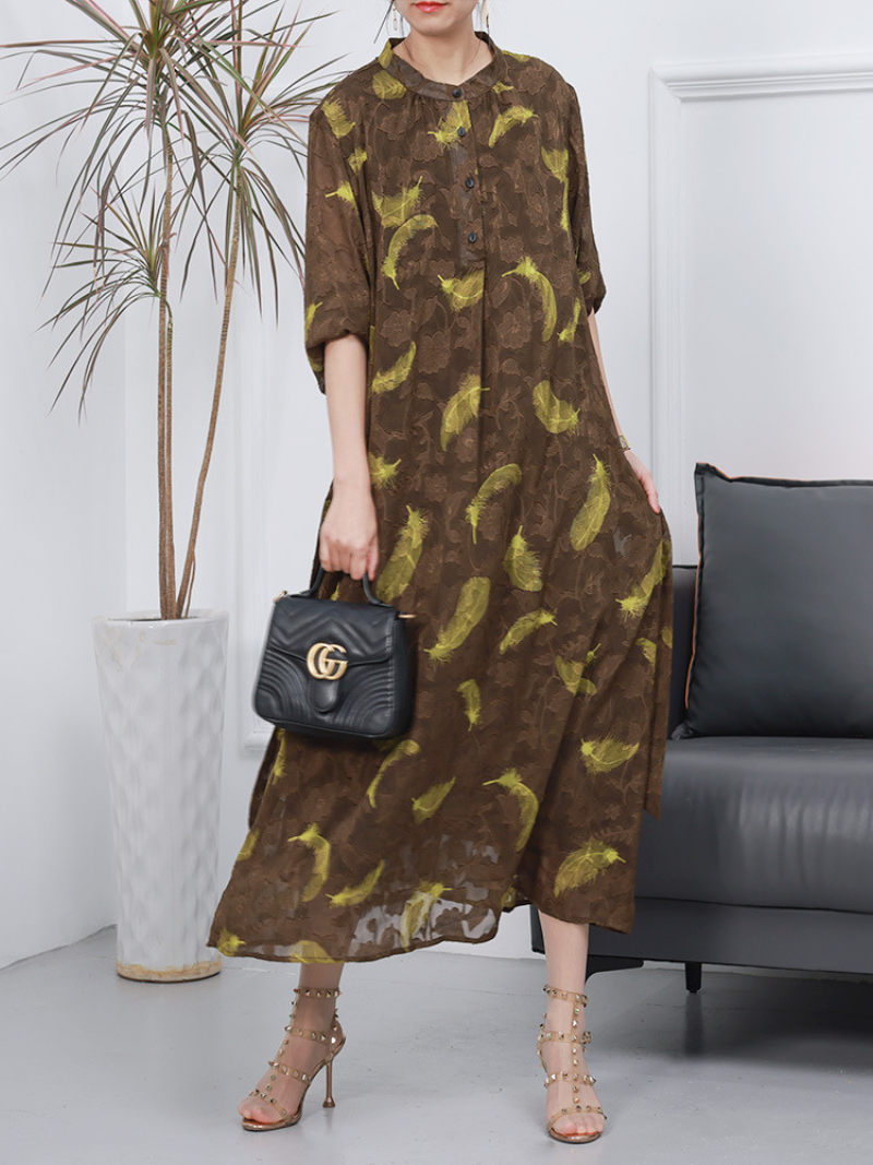 Stand Collar Half Sleeve Feather Print Loose Maxi Dress