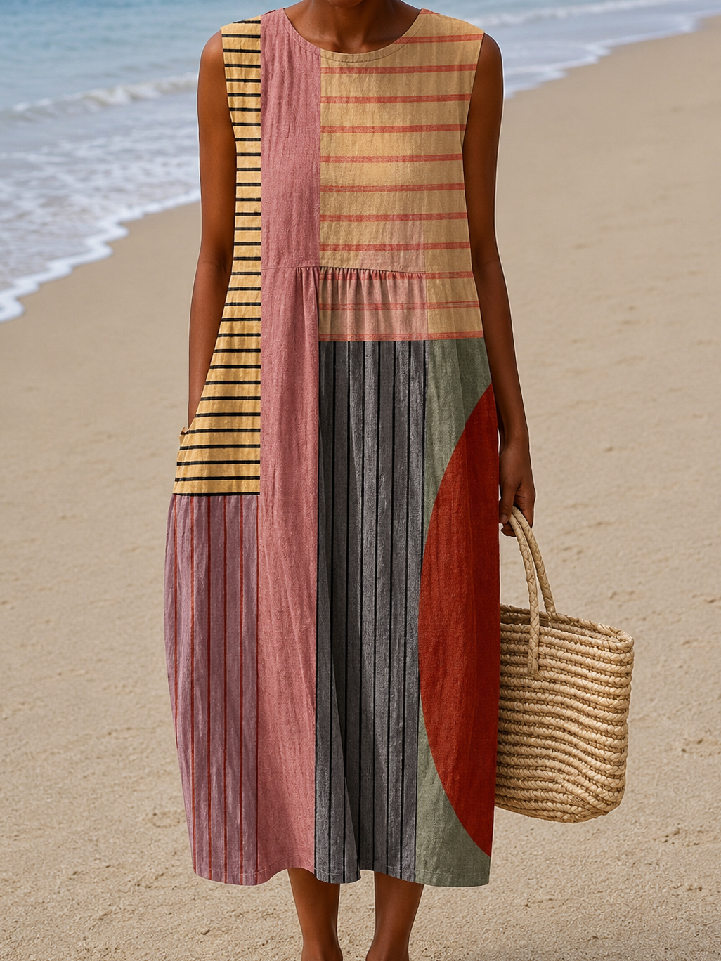 Round Neck Sleeveless Abstract Stripe Colorblock Pocket Midi Dress