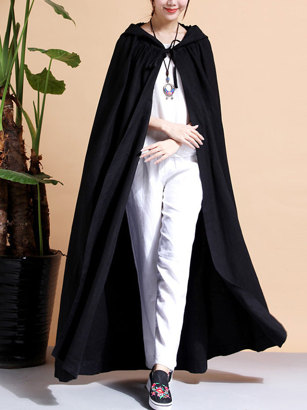 Hooded Open Front Linen Long Cape Coat