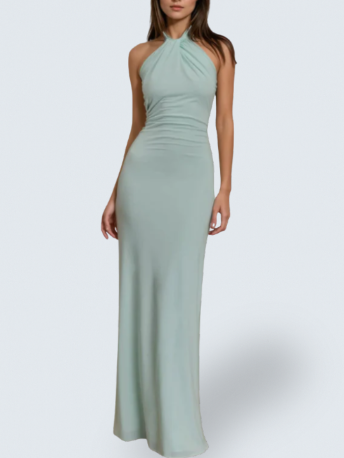 Halter Neck Twist Ruched Waist Bodycon Maxi Gown