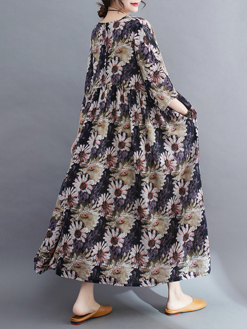 Round Neck Half Sleeve Daisy Floral Print Smock Maxi Dress 5