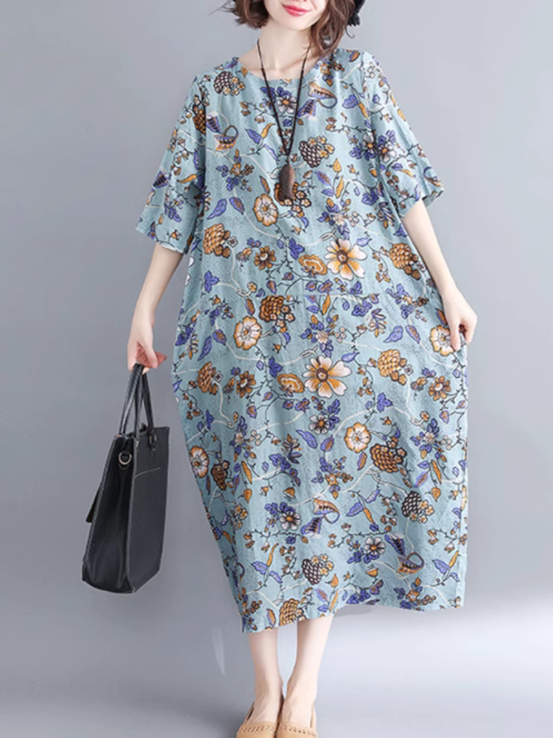 Round Neck Ditsy Floral Short Sleeve Loose Cotton Midi Dress