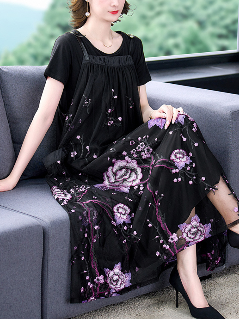Strap Floral Embroidered Mesh Overall Pinafore Midi Dress