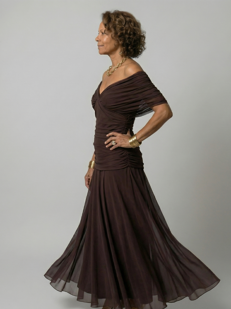 Off-Shoulder Draped Floral Chiffon Ruched A-Line Maxi Dress 17