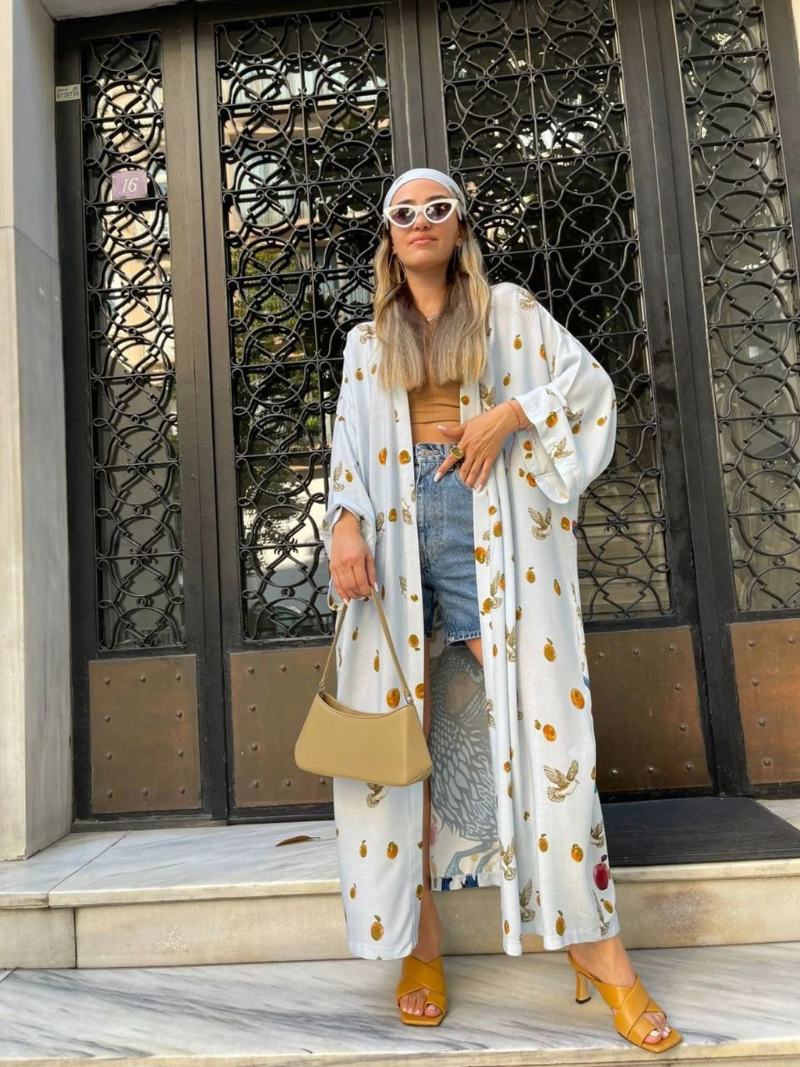 Printed Open Front Long Sleeve Longline Kimono Robe 4