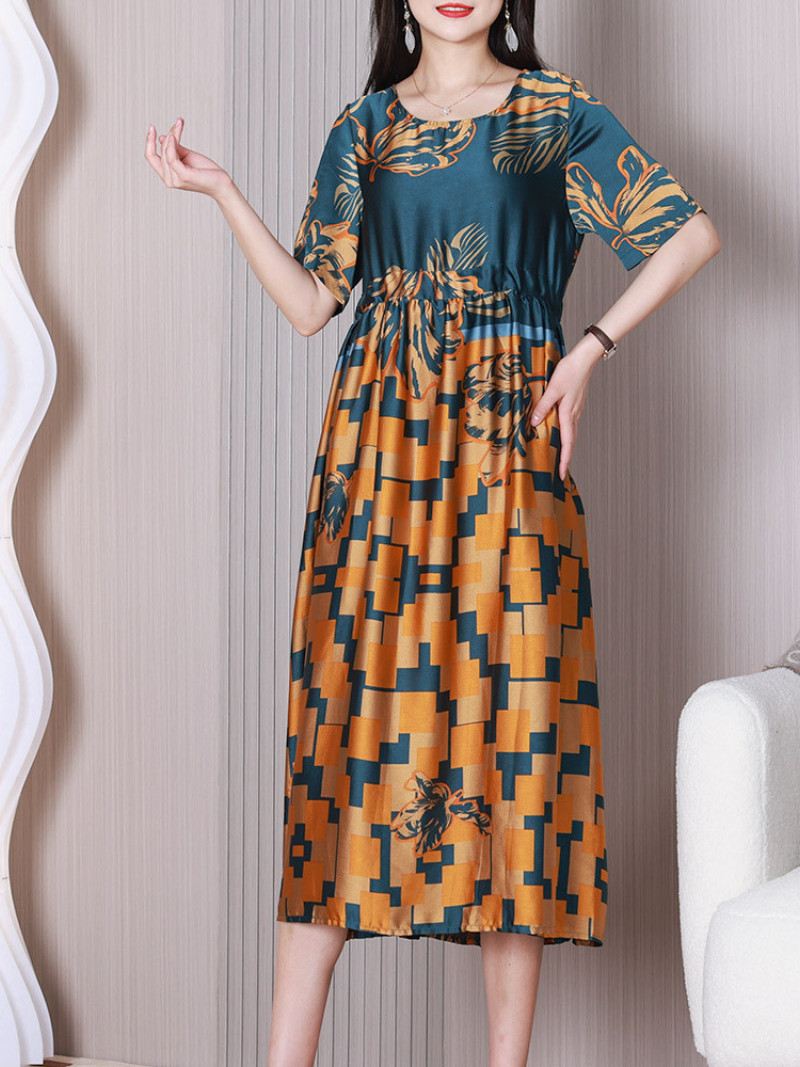 Round Neck Floral Geometric Print Short Sleeve Drawstring A-Line Midi Dress 2