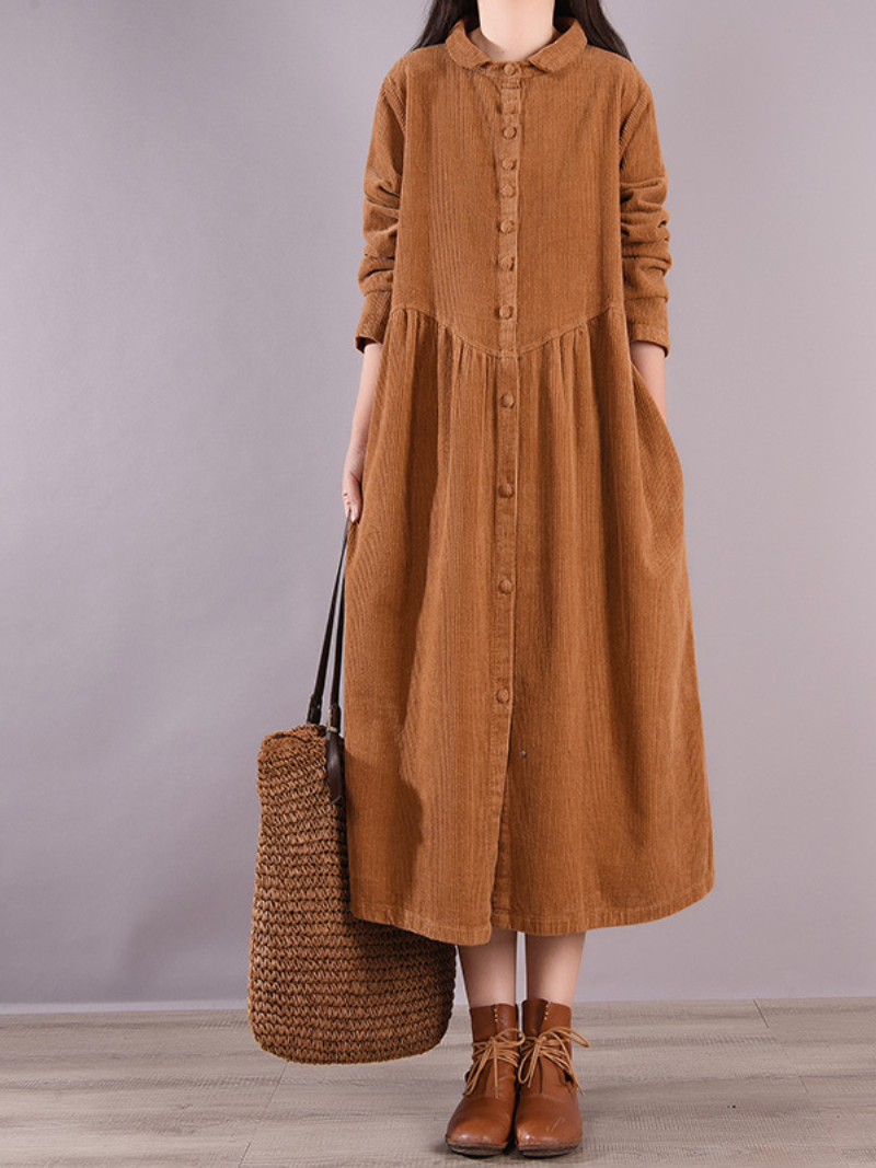 Peter Pan Collar Long Sleeve Button Front Corduroy Midi Dress 4