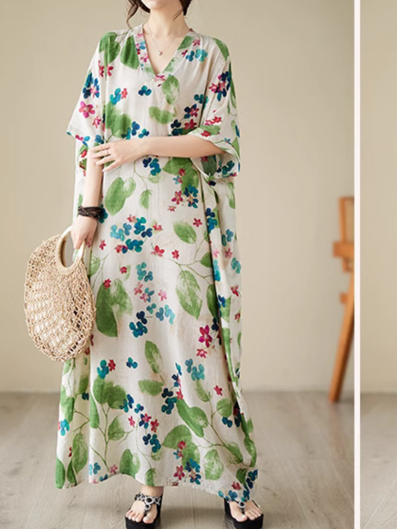 V-Neck Watercolor Floral Short Sleeve Loose Kaftan Maxi Dress 2