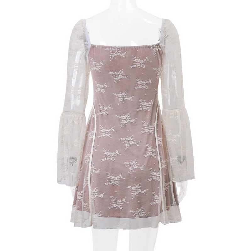 Lace square neck long flared sleeve zip-up ruffle mini dress