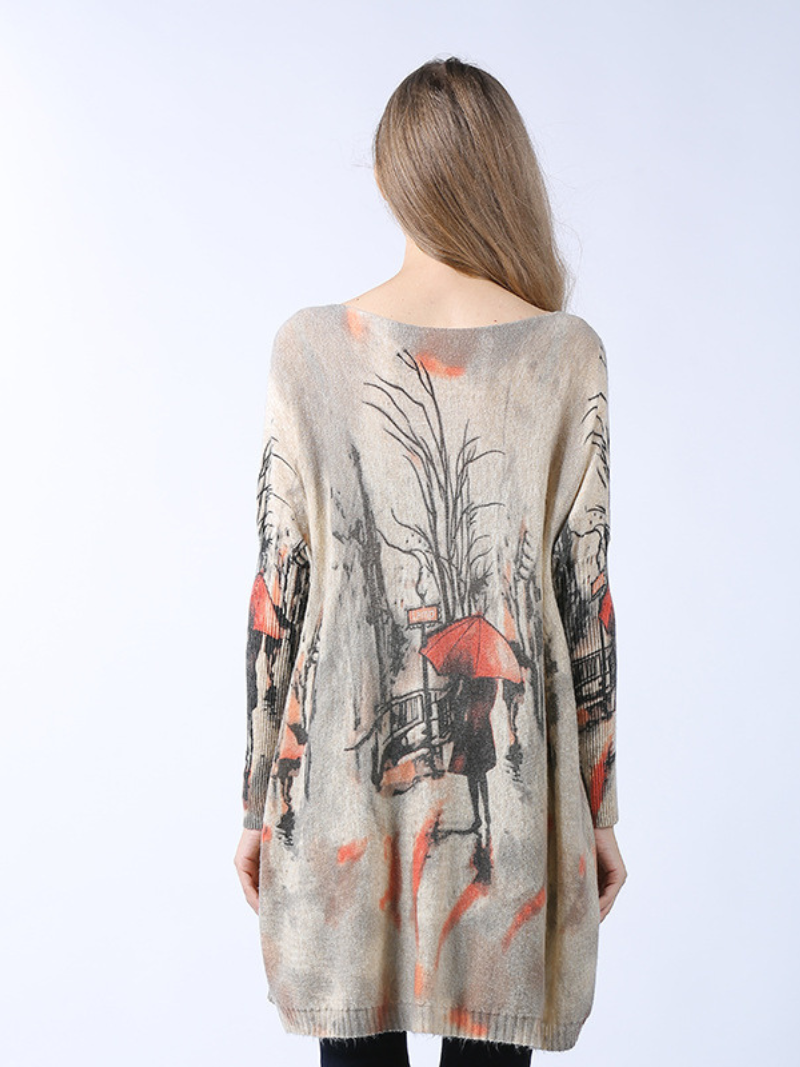 Khaki Boat Neck Batwing Sleeve Scenic Print Loose Knit Tunic Sweater 4