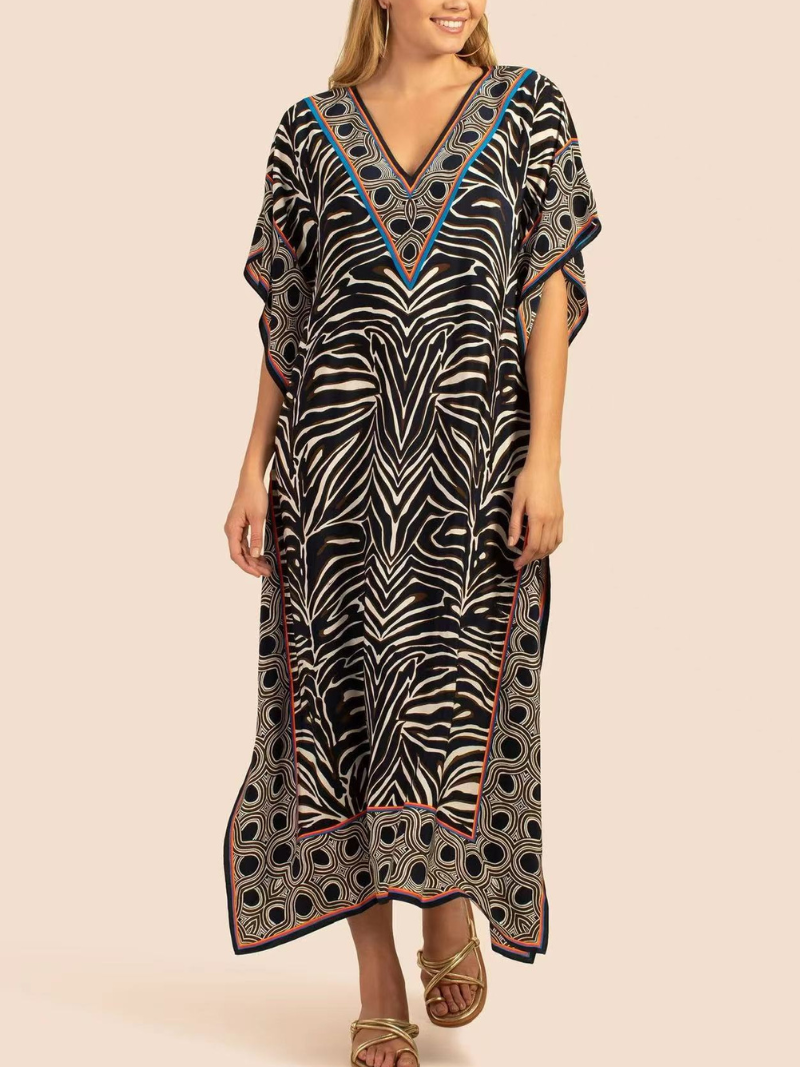 Black V-Neck Animal Print Border Trim Kaftan Maxi Dress 4