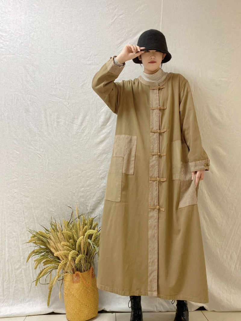 Stand Collar Frog Button Patch Pocket Long Coat