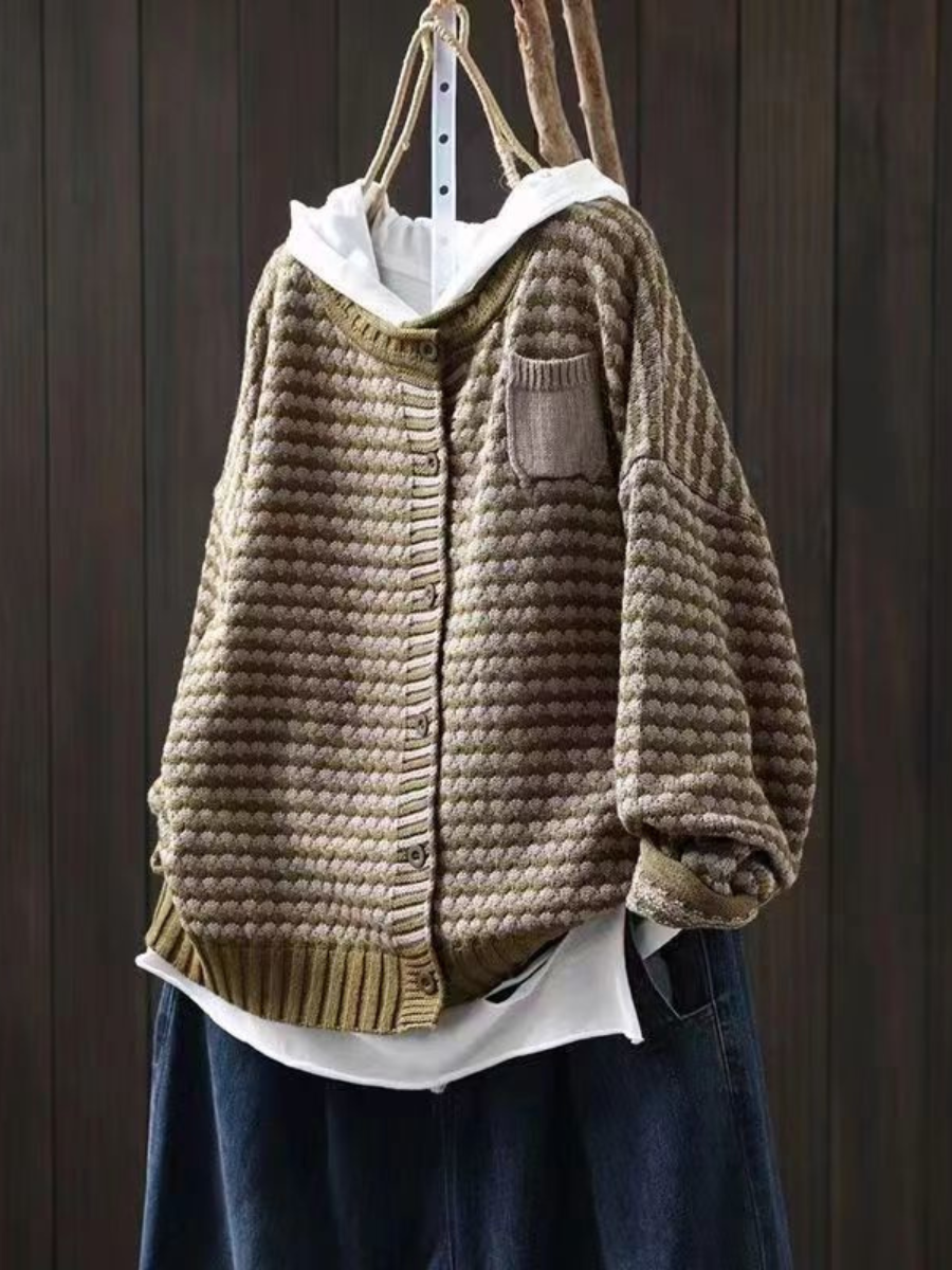 Round Neck Textured Knit Button Front Pocket Cardigan 2