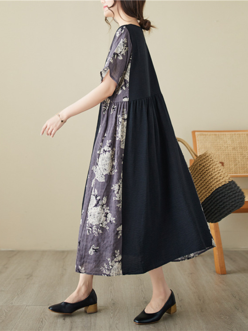 Black Round Neck Short Sleeve Floral Panel Pleated A-Line Midi Dress