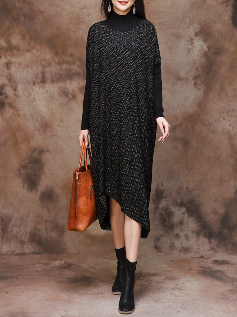 Mock Neck Batwing Sleeve Knit Asymmetric Hem Loose Sweater Dress 9