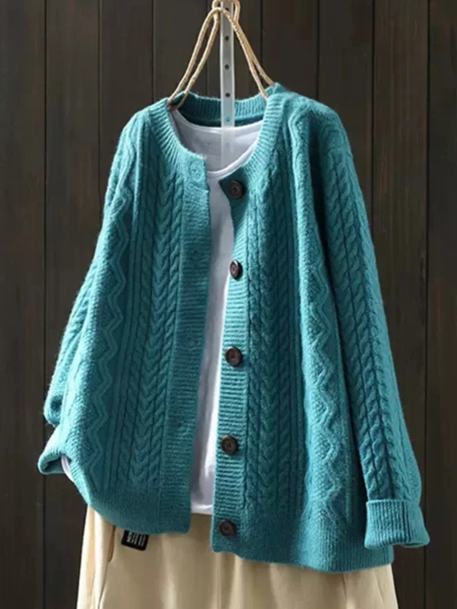 Round Neck Button Front Cable Knit Long Sleeve Cardigan
