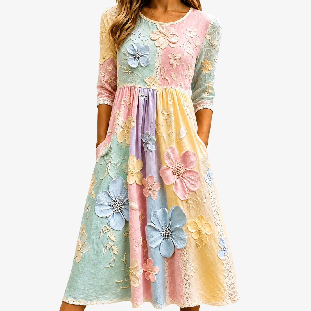 Round Neck 3D Floral Applique Patchwork A-Line Midi Dress